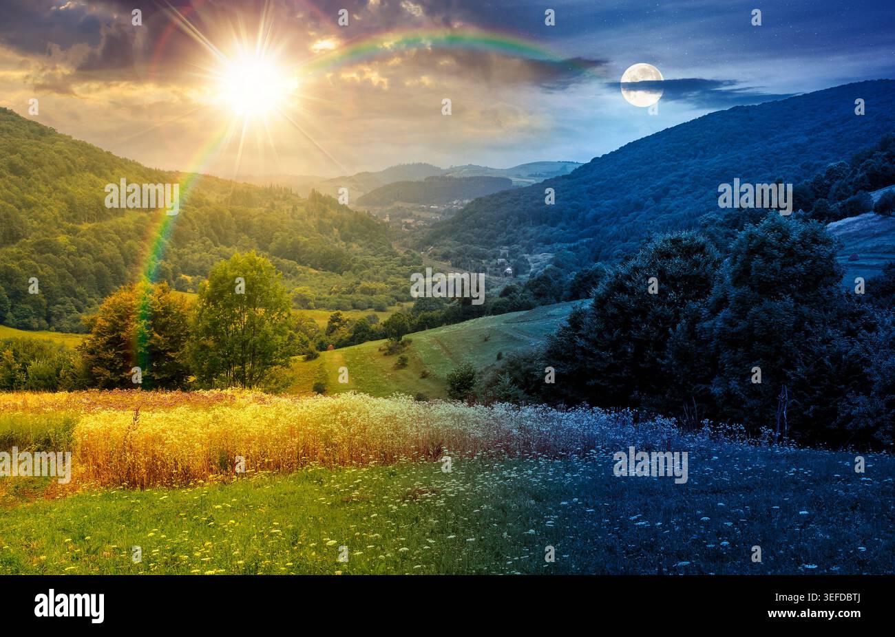 rural field on the hill. time change concept. view in to the valley at twilight. sun and moon over countryside mountain landscape. alpine pasture near Stock Photo