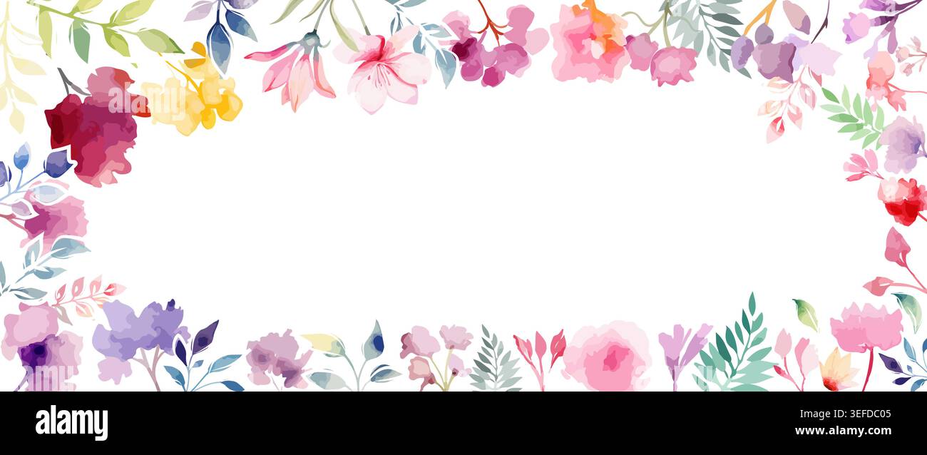 Horizontal long floral spring frame. Hand drawn. Not AI, vector illustration Stock Vector