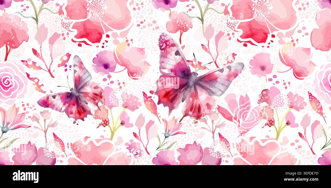 Delicate seamless background with pink watercolor flowers with butterflies. Hand drawn. Not AI, vector illustration Stock Vector