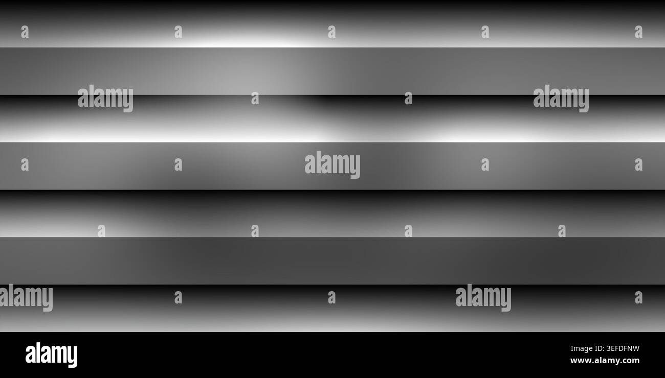 Abstract background composed of metallic grey horizontal stripes with light reflections and shadows, creating a 3D effect. Stock Photo