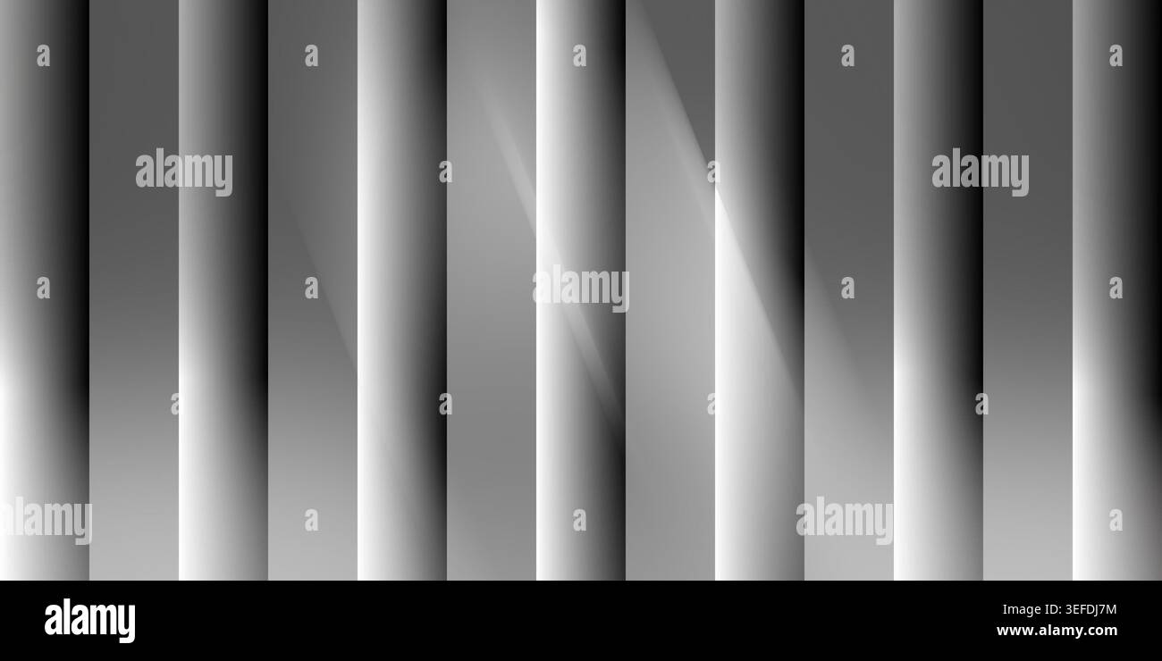 An abstract background composed of vertical metallic-style gradient panels with sharp light reflections and deep shadows, creating a 3D effect. Stock Photo