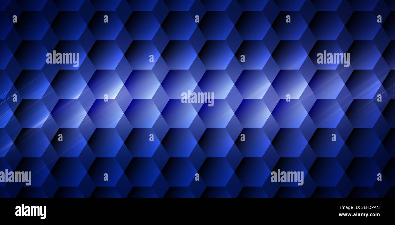 A dark blue abstract background featuring a repeating 3D hexagonal honeycomb pattern with subtle light streaks and depth effects. Stock Photo
