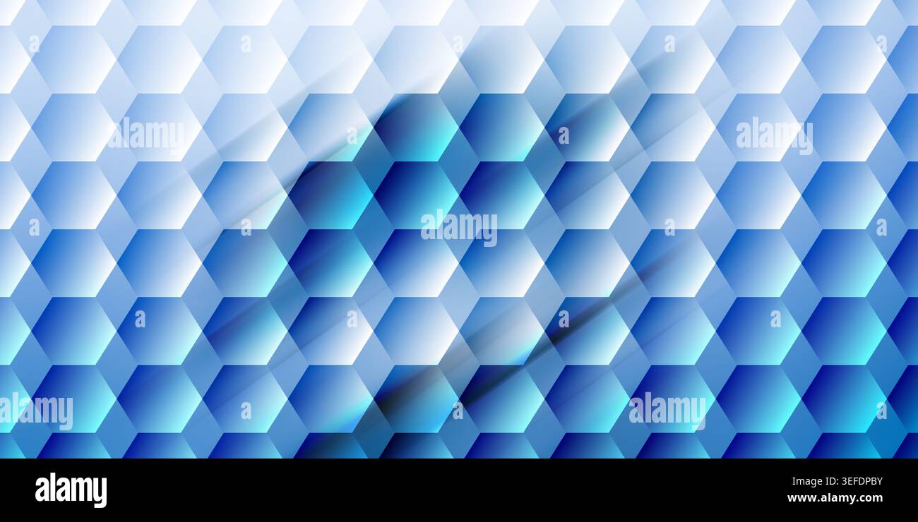 Vibrant blue and cyan hexagonal pattern background with deep shadows and light effects, creating a 3D honeycomb texture. Stock Photo