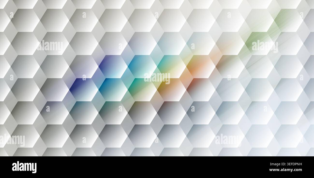 A clean abstract background featuring a white hexagonal honeycomb pattern with a subtle, colorful light refraction effect. Stock Photo