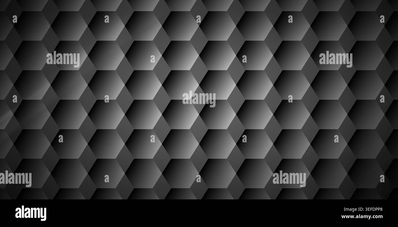 A seamless abstract background featuring a dark grey hexagonal geometric pattern with subtle shading to create a 3D depth effect. Stock Photo