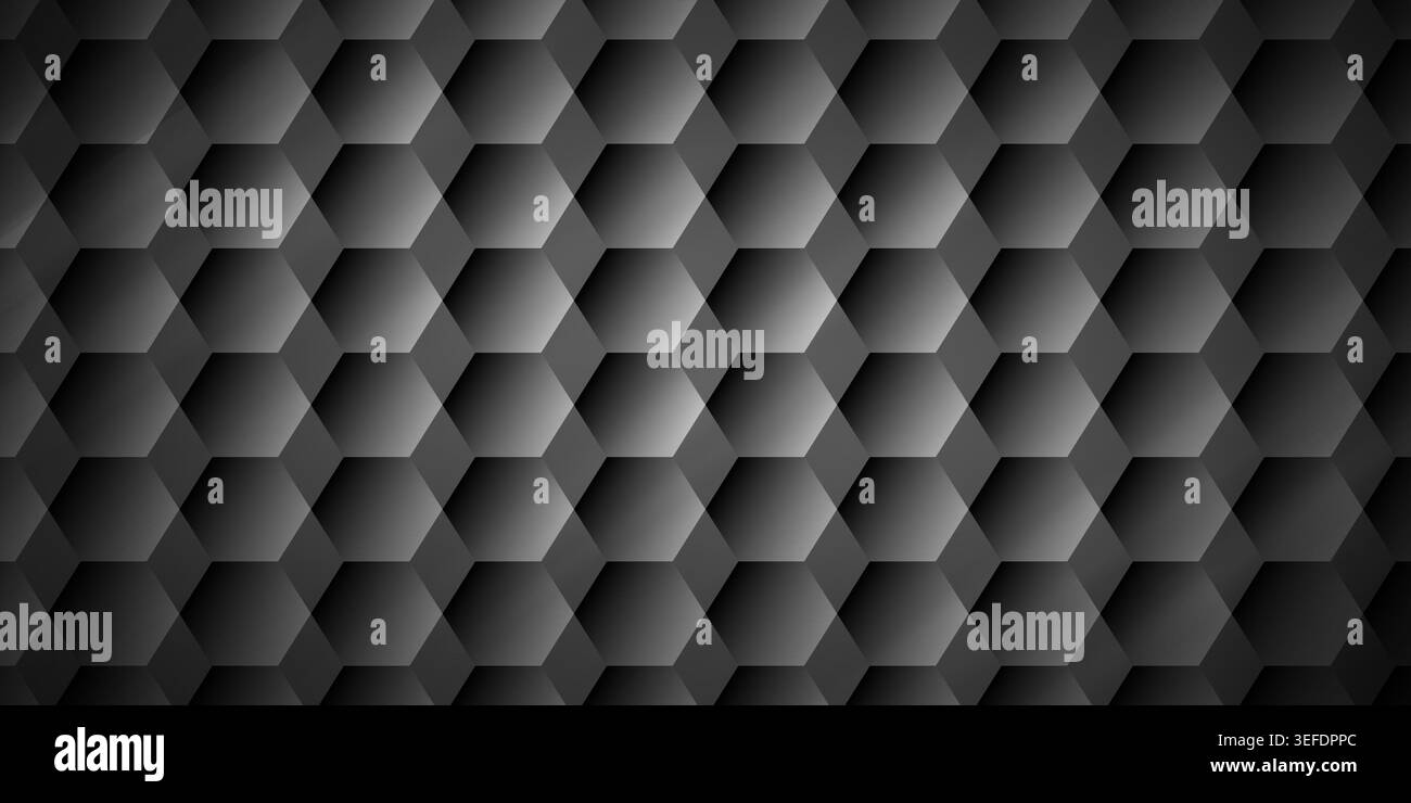 Dark abstract background featuring a 3D hexagonal grid pattern with smooth gradients and subtle lighting effects. Stock Photo