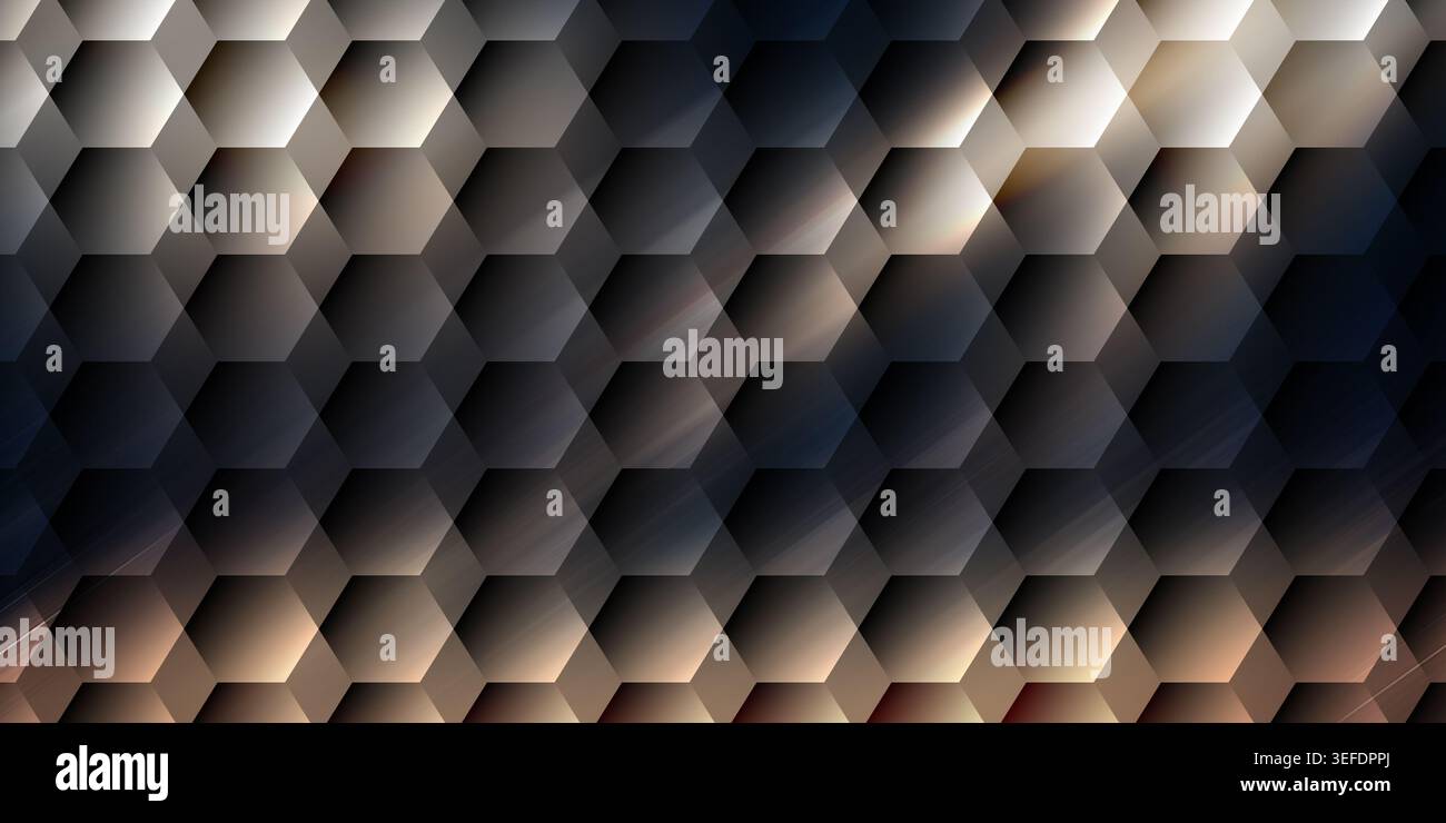 A sophisticated abstract background with a dark, metallic hexagonal honeycomb pattern, featuring soft lighting and depth. Stock Photo