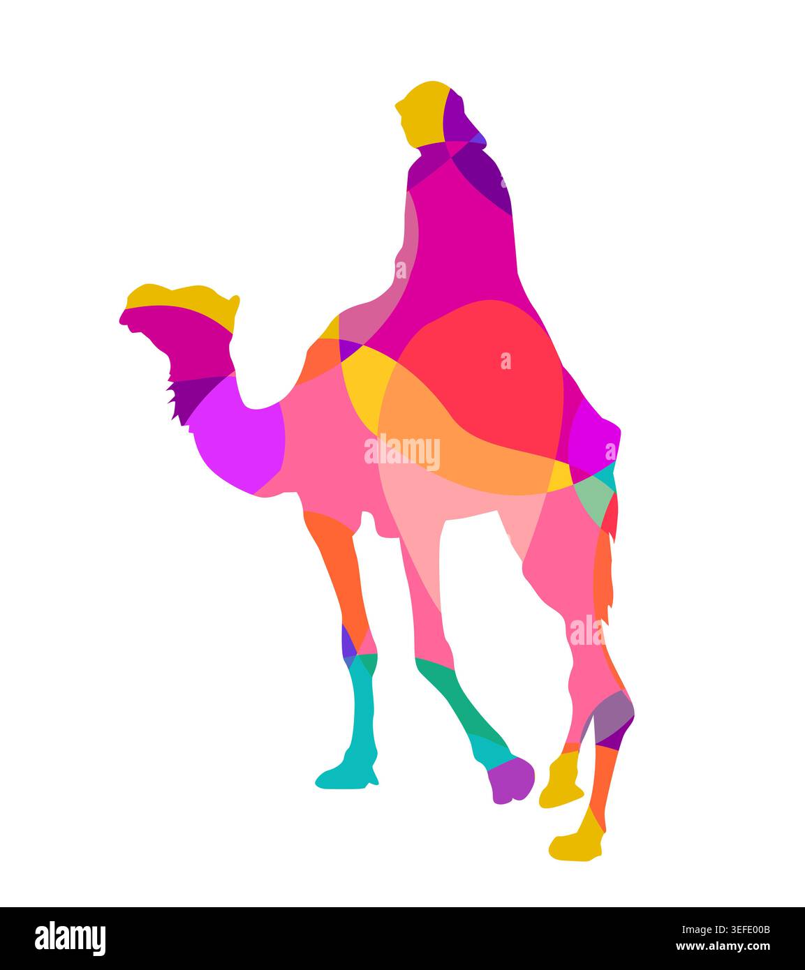 A colorful camel with a man . Hand drawn. Not AI, vector illustration Stock Vector