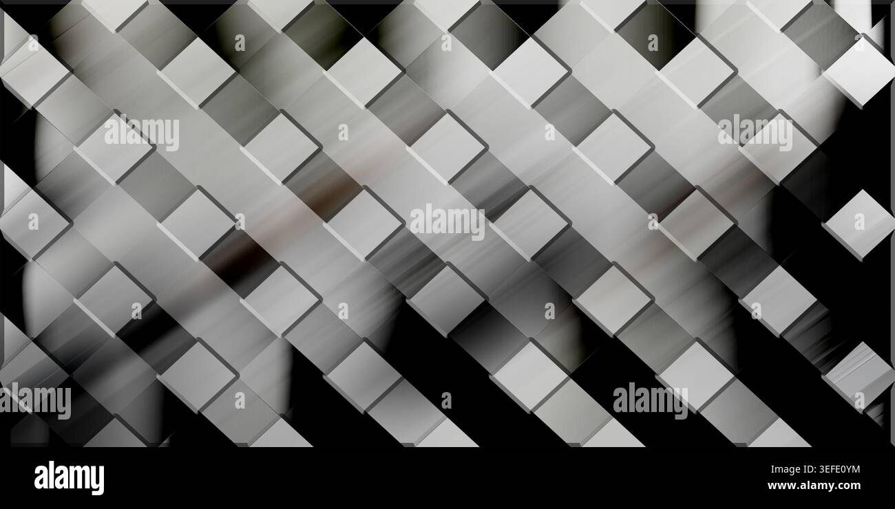 A modern abstract background featuring a repeating pattern of diagonal metallic silver square tiles with a subtle gradient and depth effect. Stock Photo