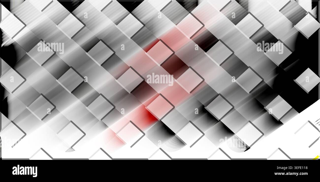 An abstract background with a diagonal square grid pattern, featuring a subtle red light effect blending through the monochromatic grayscale structure Stock Photo
