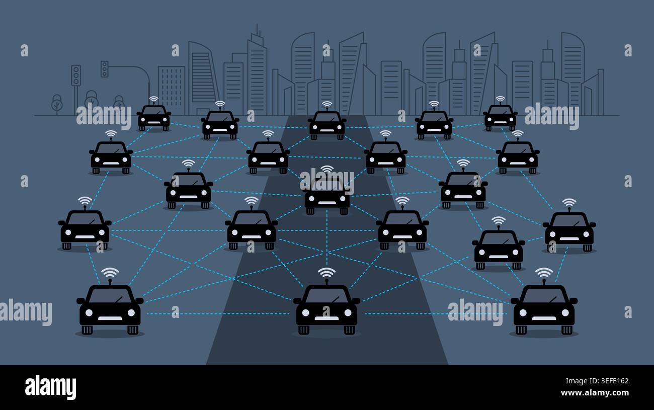 Connected Car Network in Smart City Vector Illustration Stock Vector