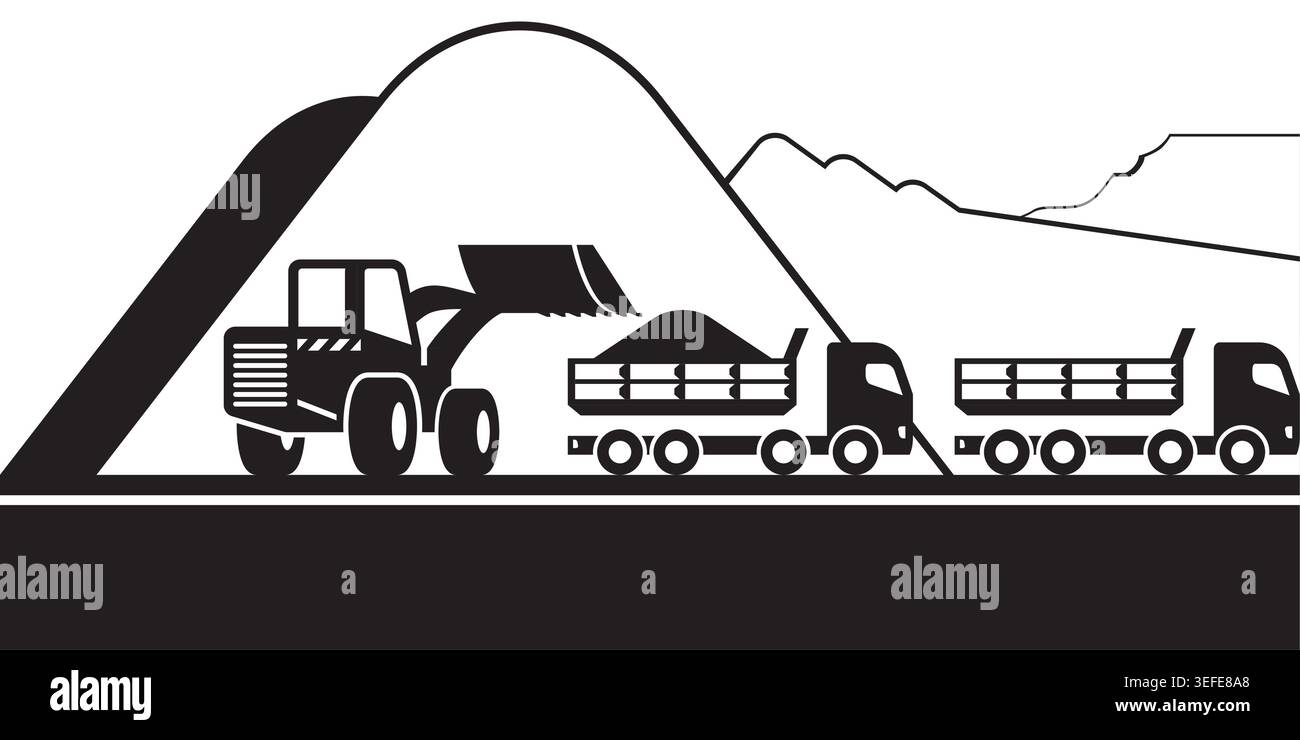 Earth mover loading dump trucks for different industries - vector illustration Stock Vector