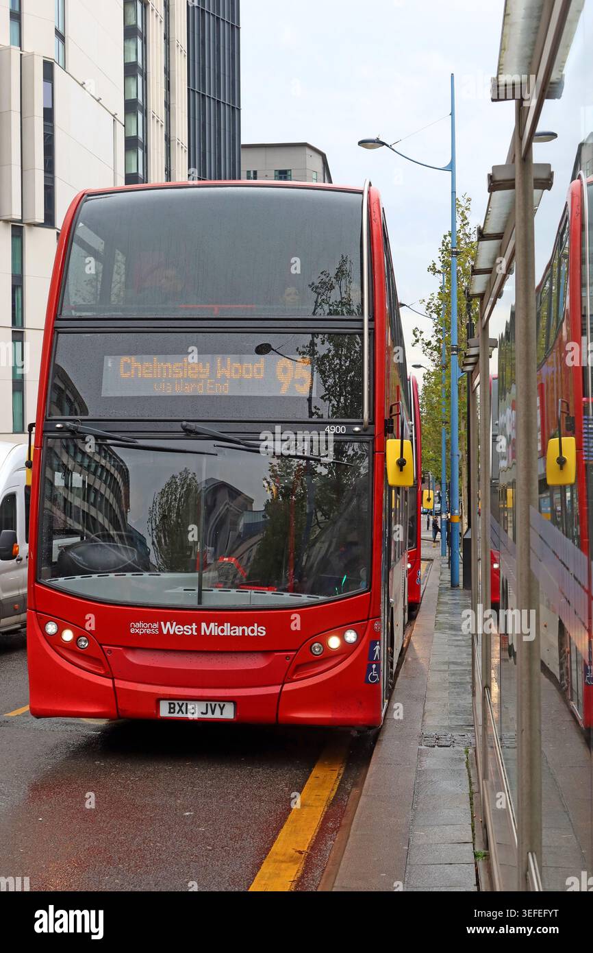 West Midlands bus 95 to Chelmsley Wood at a Birmingham city-centre stop, England, UK. Stock Photo
