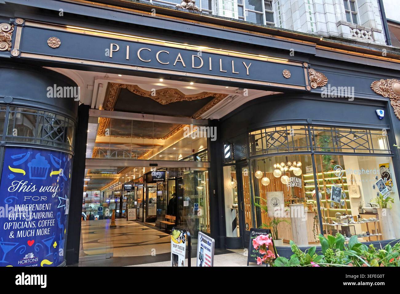 Piccadilly Arcade entrance on New Street in Birmingham city centre, West Midlands, England, UK. Stock Photo