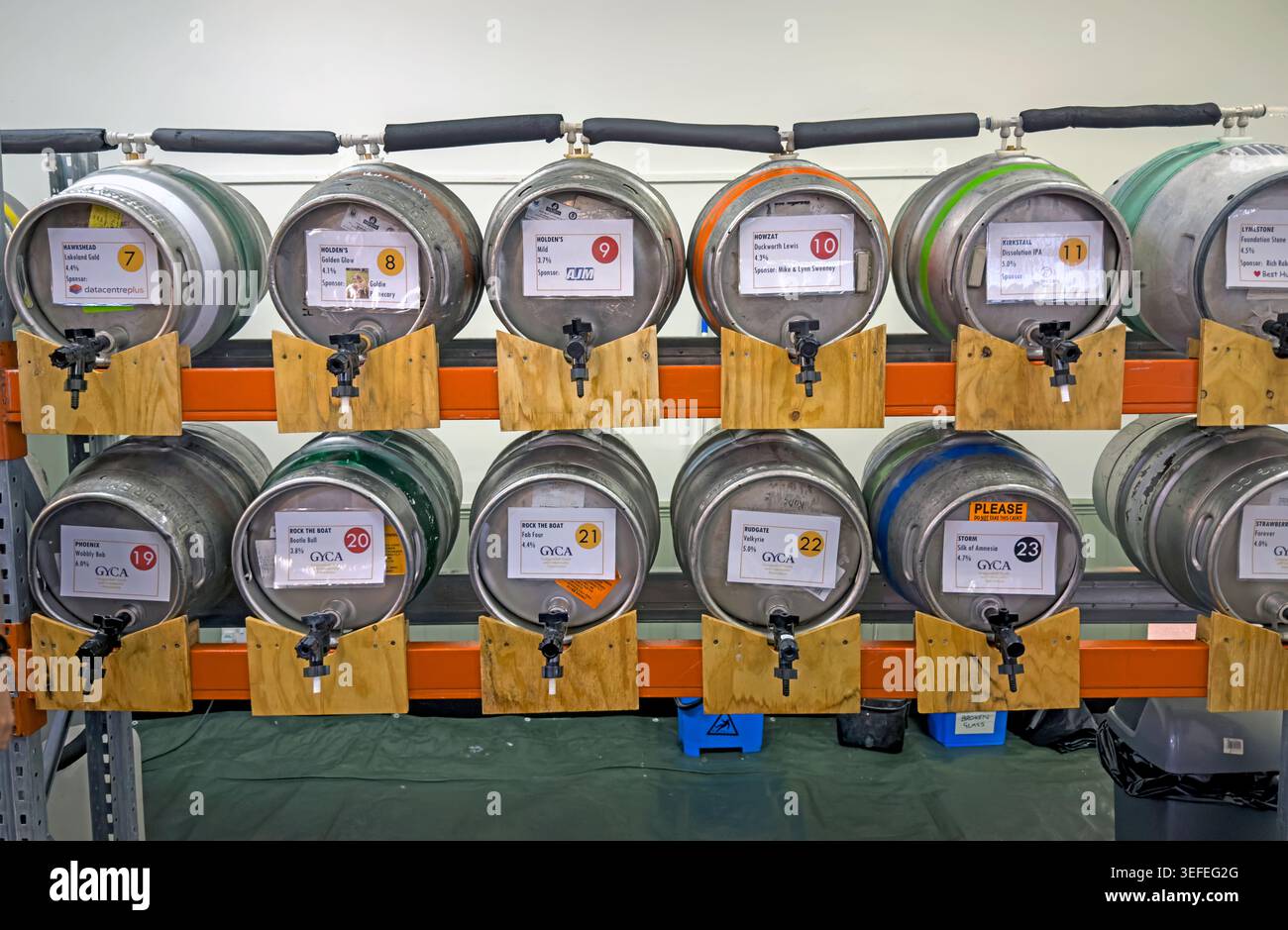 Casks lined up at Grappenhall Beer Festival 2026 in Warrington, Cheshire, England, UK. Stock Photo