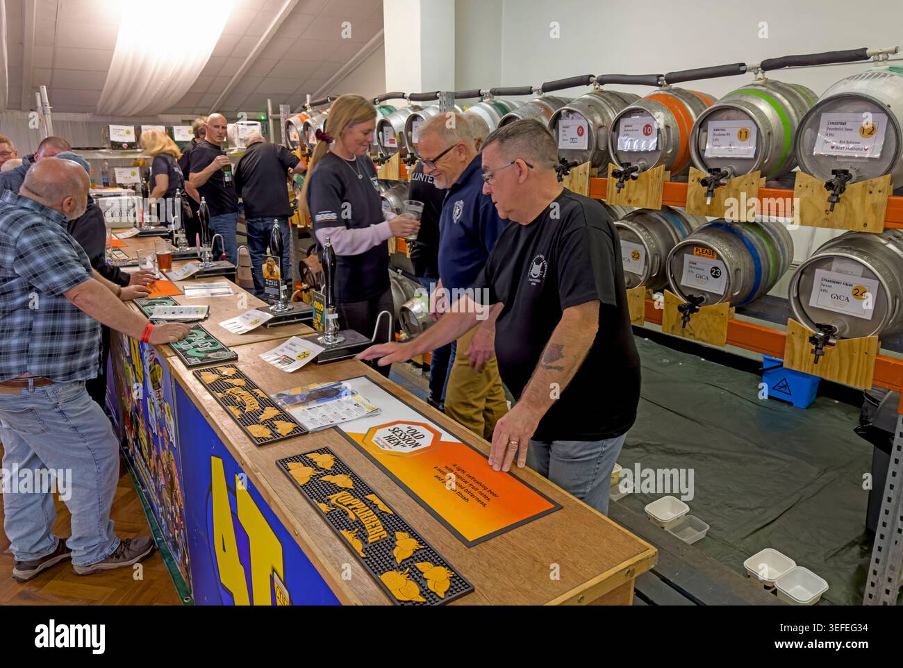 Volunteers pour cask ales at Grappenhall Beer Festival, GYCA Bellhouse, South Warrington, May 2026. Stock Photo