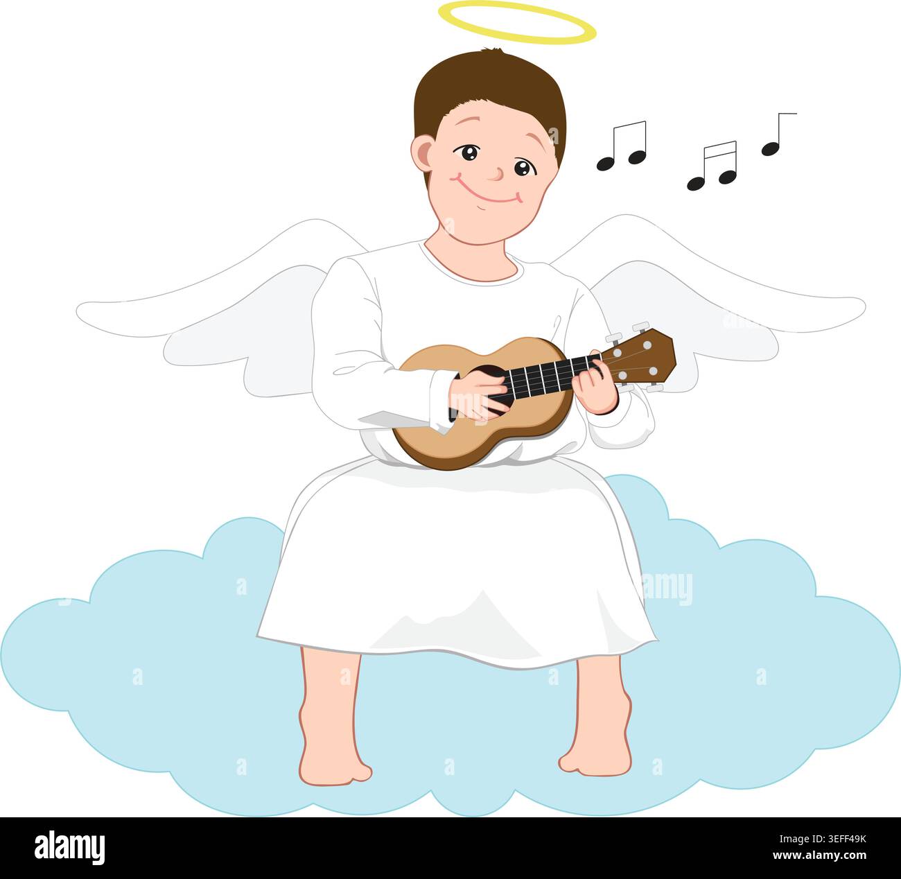 Cartoon angel illustration with brown hair and a white robe, seated on a blue cloud. Stock Vector