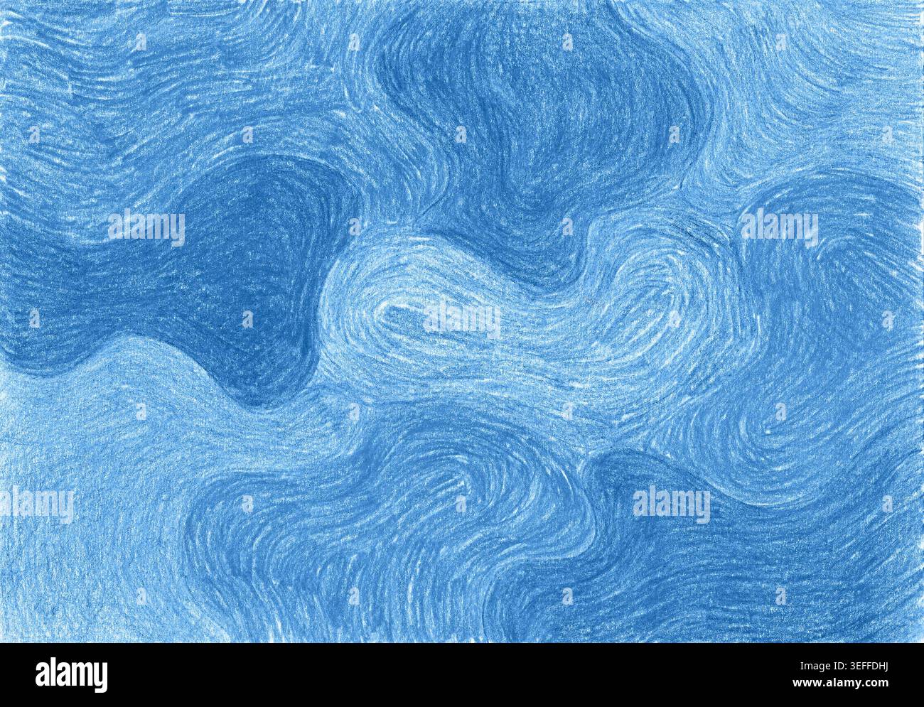 Abstract background hand drawn with colored pencils or crayons. Features swirling, organic shapes, spots and wavy lines. Different shades of blue colo Stock Photo