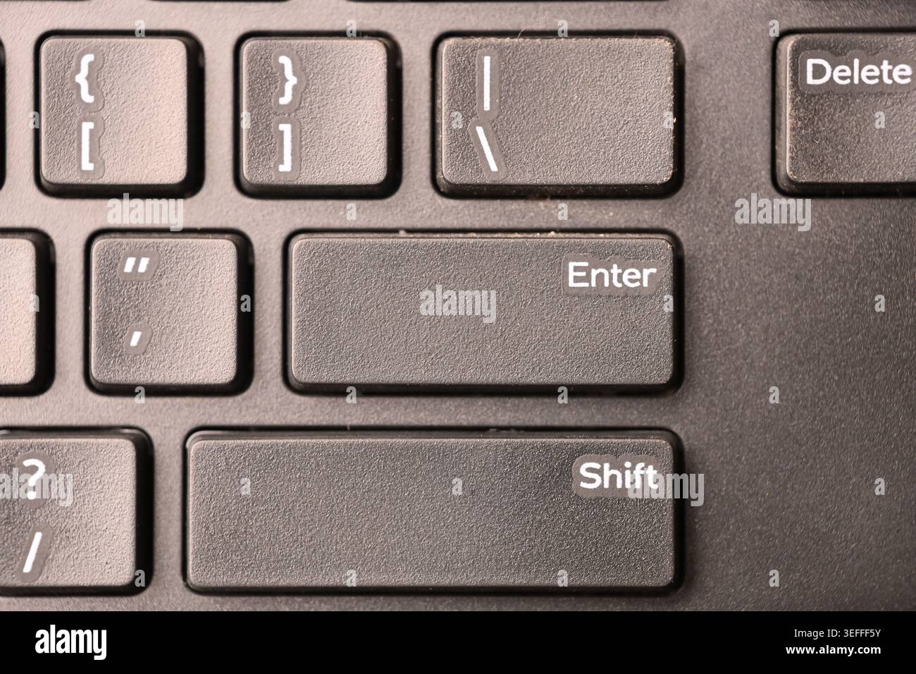 Black Computer Keyboard Macro Shot Highlighting Enter Key with Soft Blurred Backgrounds Top View Stock Photo