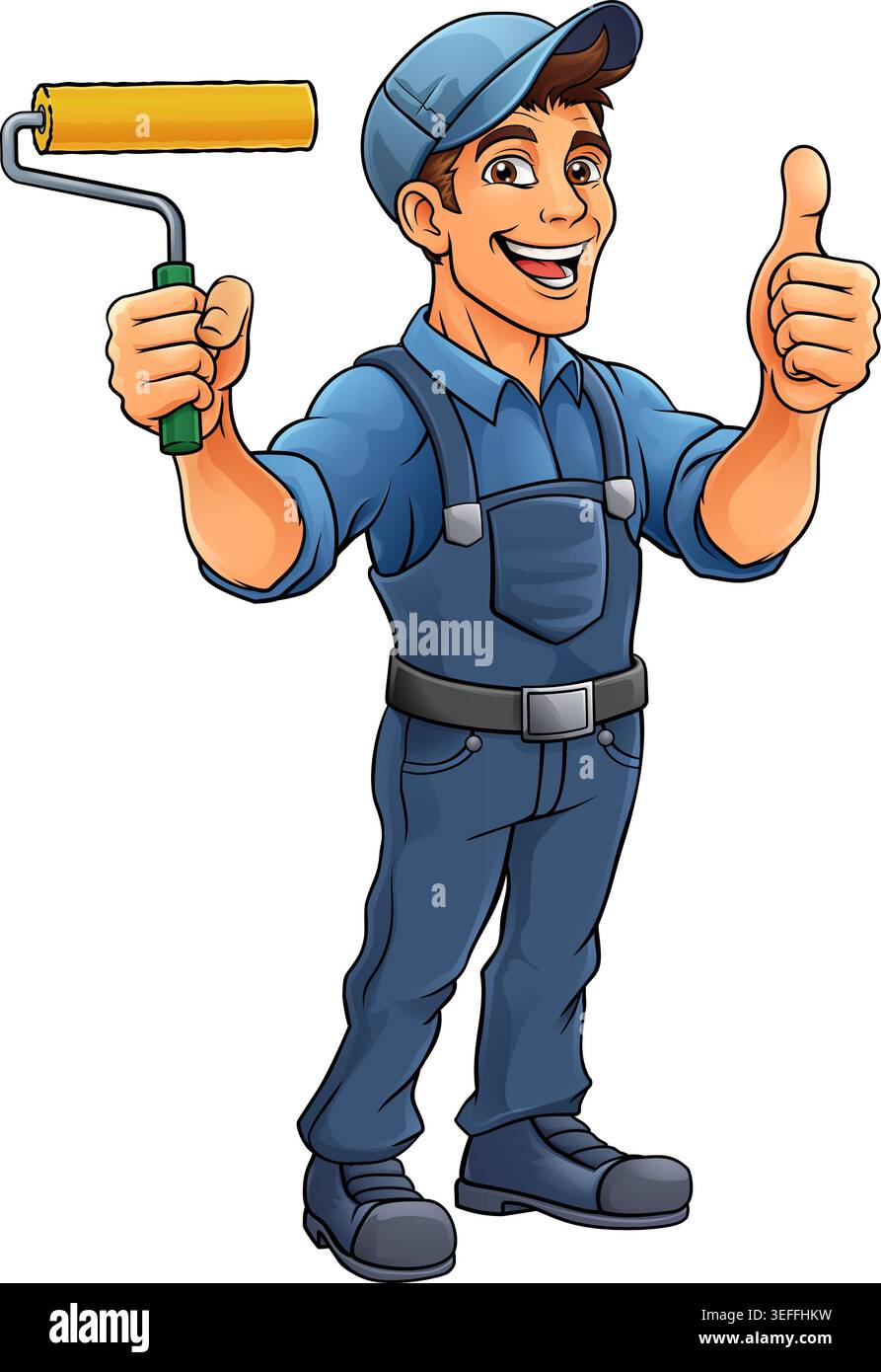 Painter Decorator Paint Roller Cartoon Handy Man Stock Vector