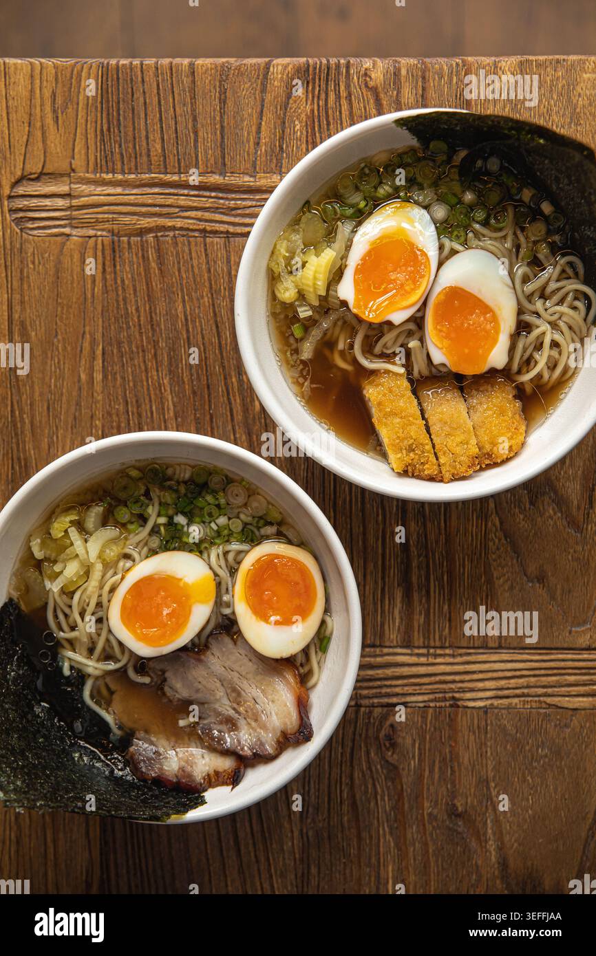 Japanese ramen bowls with soft eggs Stock Photo