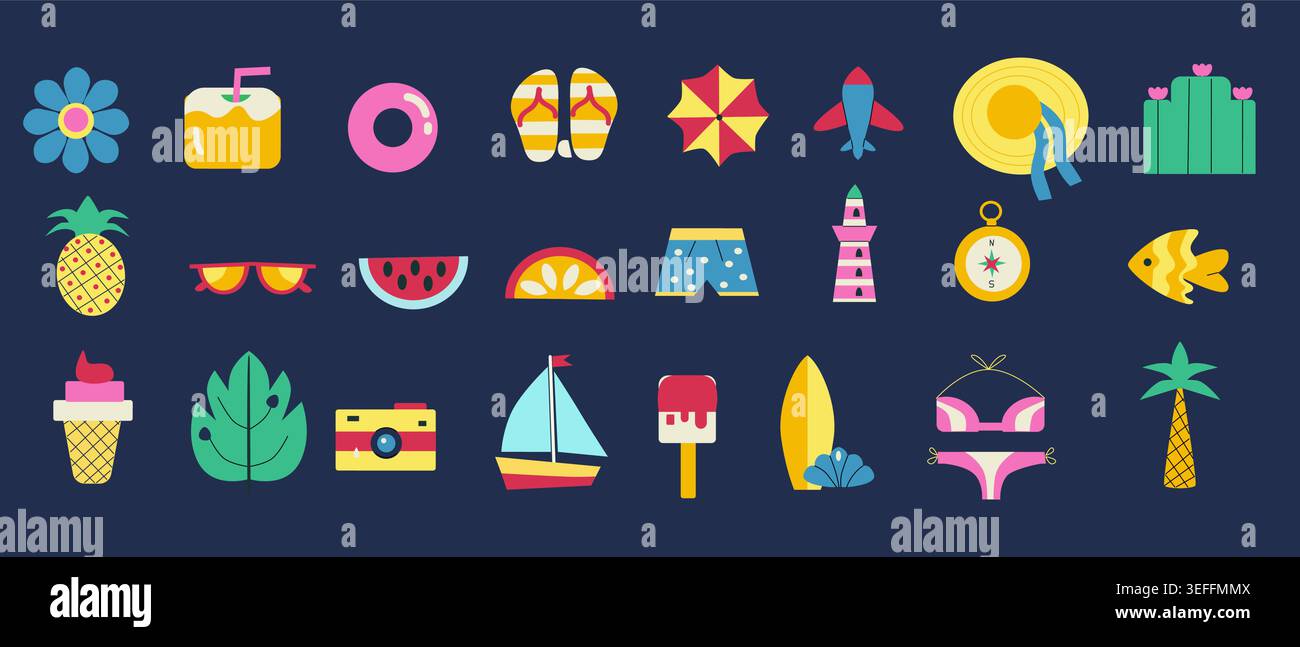 Set of summer vacation icon. Minimalist geometric design. Summer seaside vector elements. Tropical beach holiday icon set. Surfboard, pineapple, cocktail, swimsuit, camera, beach umbrella, ice cream. Stock Vector