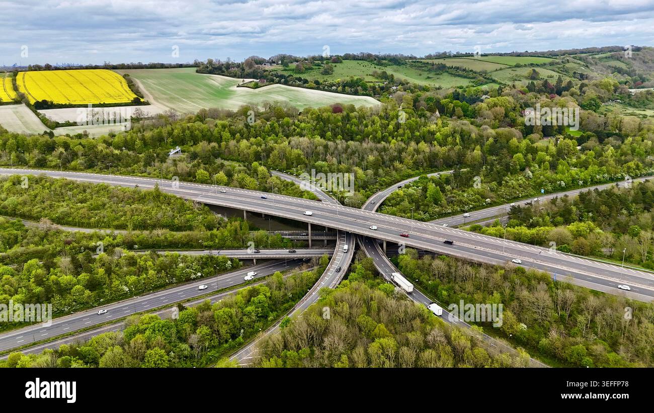 Stack Junction Aerial drone view of M25 Junction 7 / M23 Junction 8 stack interchange ...
