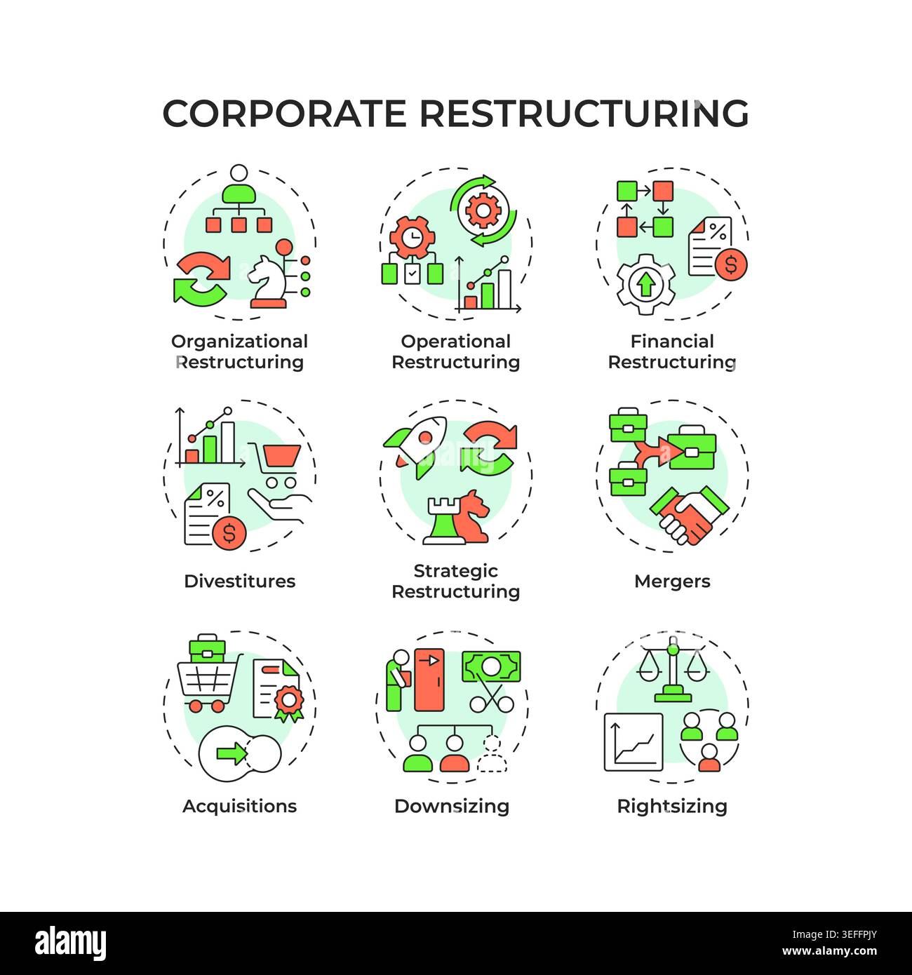 Corporate restructuring multi color concept icons Stock Vector