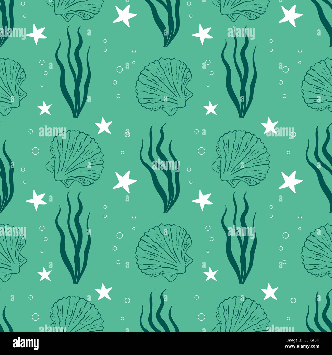 Mint green seamless pattern with dark emerald seaweed laminaria, hand drawn scallop seashells, white starfish and water bubbles vector illustration fo Stock Vector