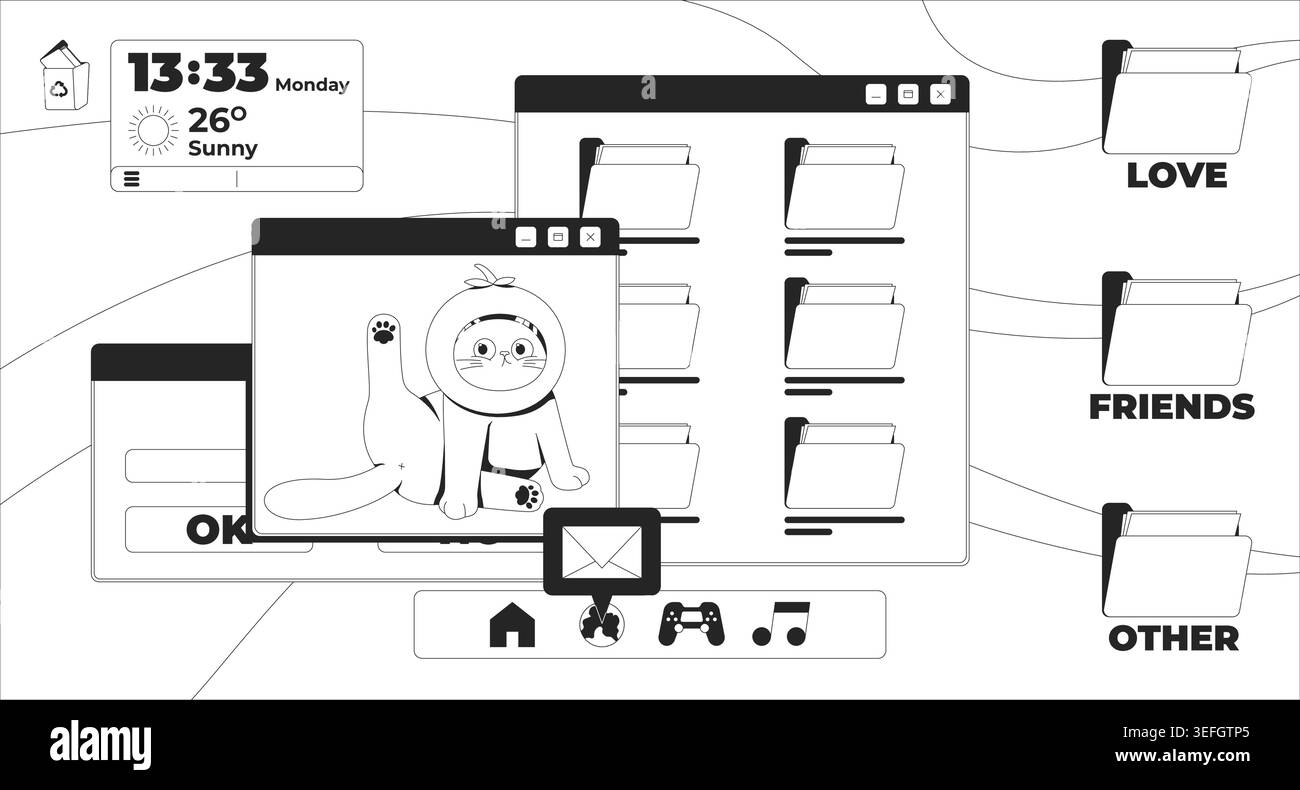 Cute retro desktop interface lo fi line illustration Stock Vector