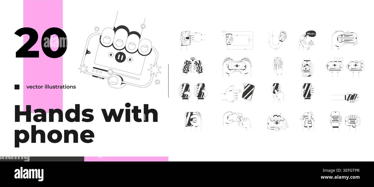 Hands with phones line neo brutalism tutorial graphic pack Stock Vector
