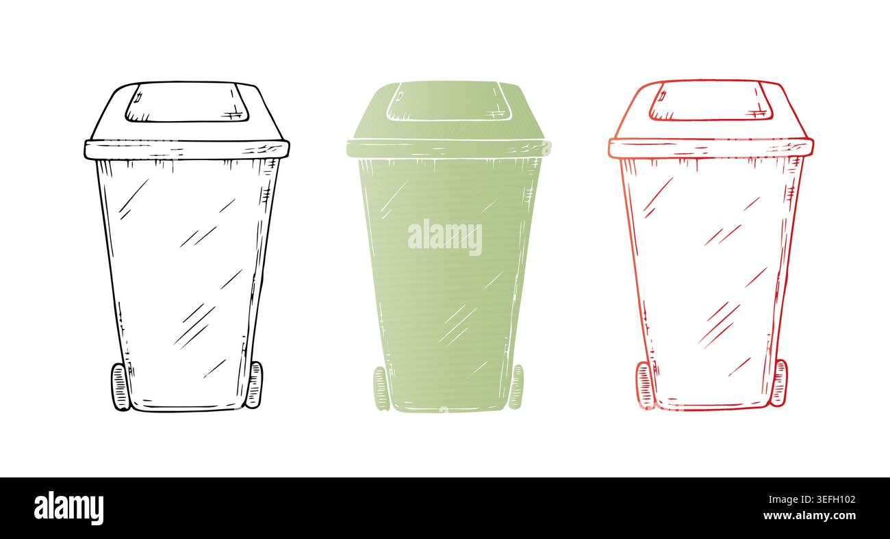 Vector wheeled plastic garbage cans set. Graphic hand drawn black trash illustration isolated on background. Zero waste, sustainable living concept Stock Vector