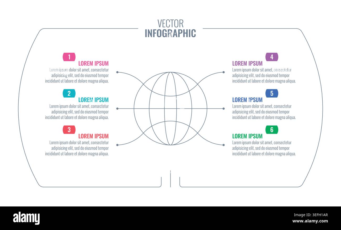 globe infographic template. six options web, internet, annual report information template Stock Vector