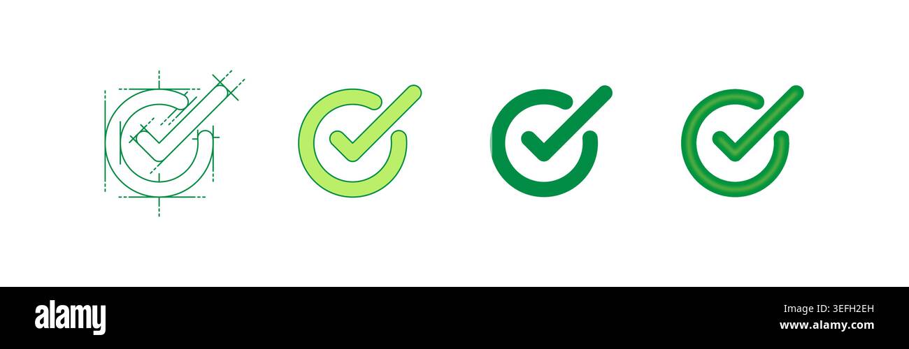 green check mark. technical drawing check sign. four step check sign set. Stock Vector