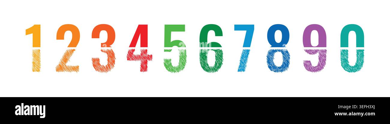 half scribble 0-9 numbers. colorful 0-9 numbers concept. half hand scribble numbers Stock Vector