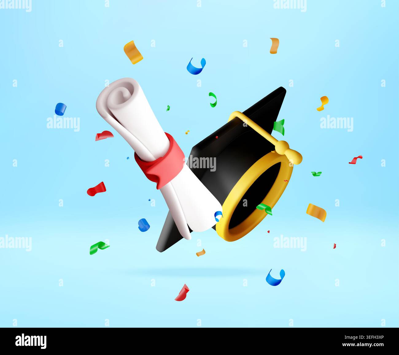 3D Graduation cap and diploma with confetti. Stock Vector