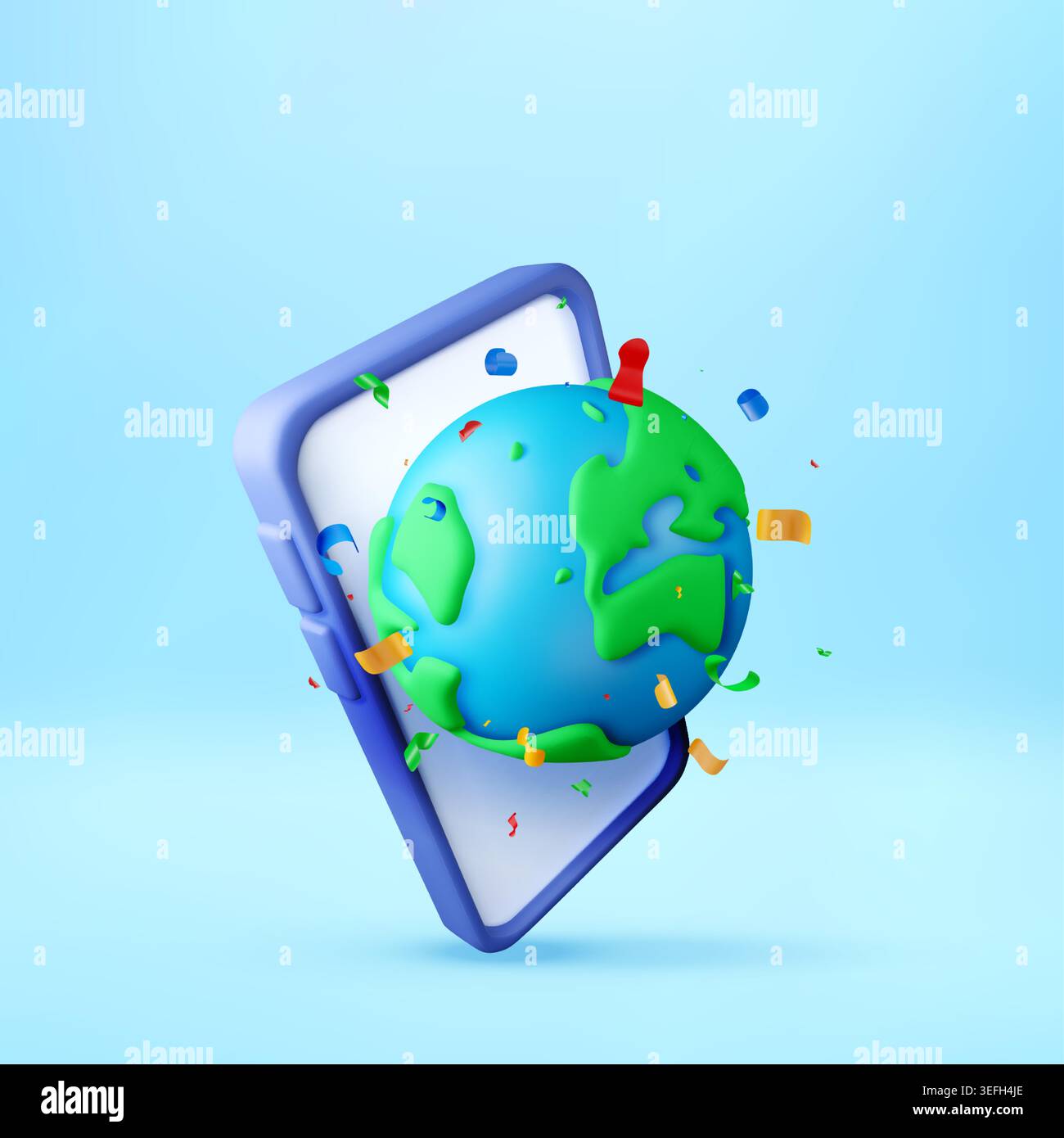 3d smartphone with floating globe and confetti. Stock Vector