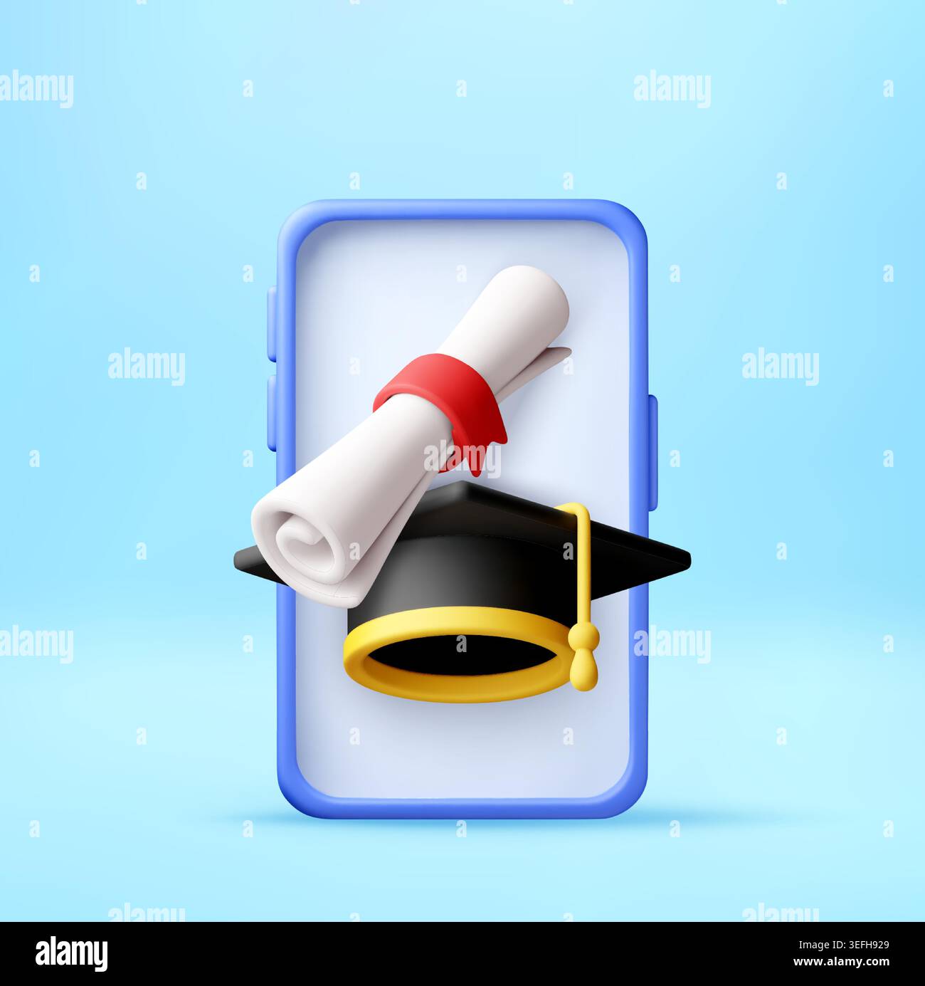 3D Graduation cap and diploma scroll on smartphone Stock Vector