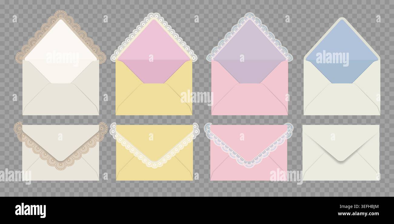 Set of elegant, realistic open and closed envelopes with lace. Folded luxury envelope mockup. Vector isolated illustrations Stock Vector