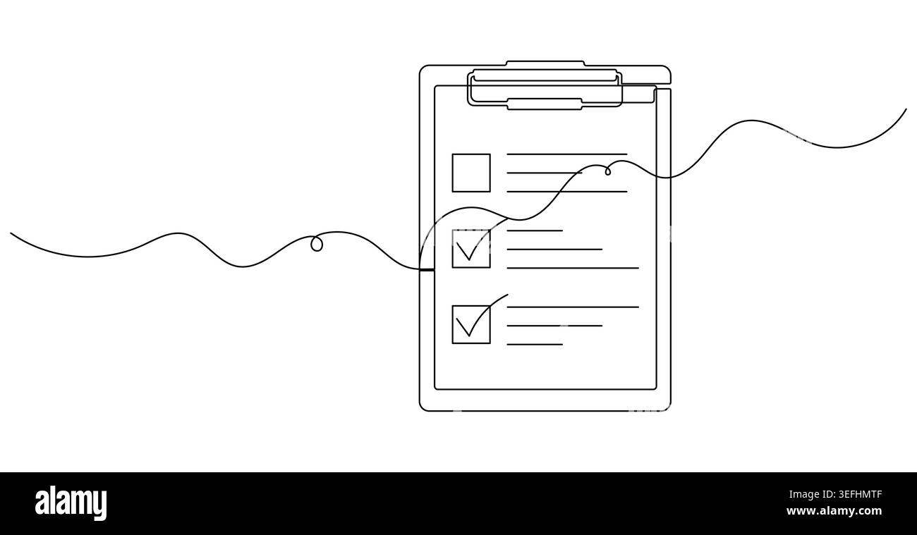 Linear business clipboard icon intersected by an analytical wave chart line. Stock Vector