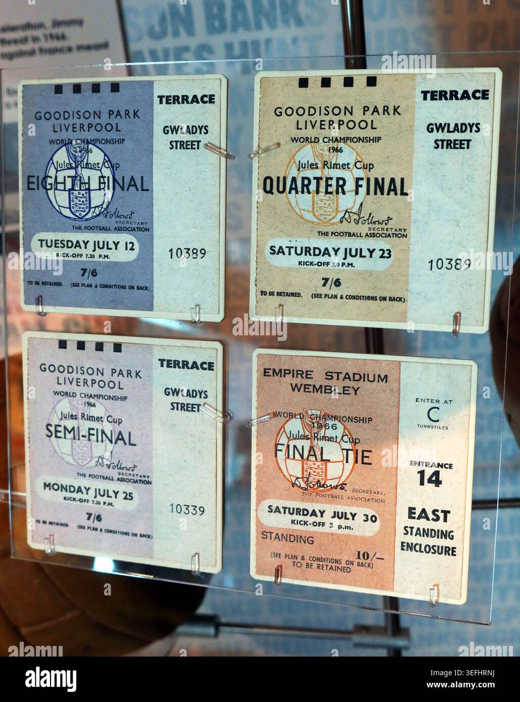 1966 FIFA World Cup tickets for Goodison Park, Liverpool, and Wembley Stadium, including quarter-final, semi-final and final tie. Stock Photo