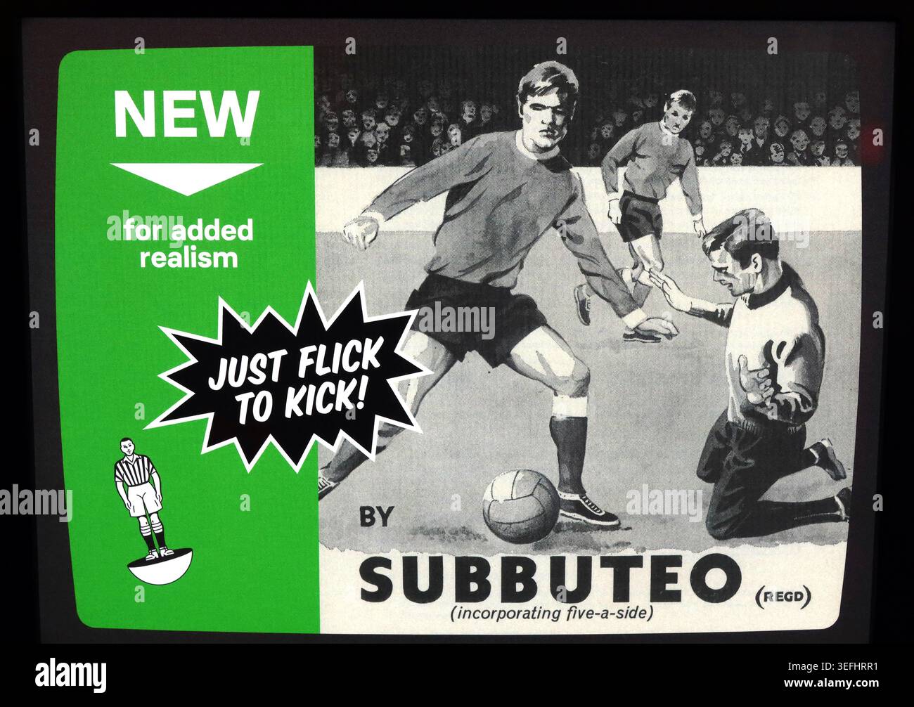 Vintage Subbuteo advert with green box, goalkeeper and slogan “Just flick to kick!”, classic table football game. Stock Photo