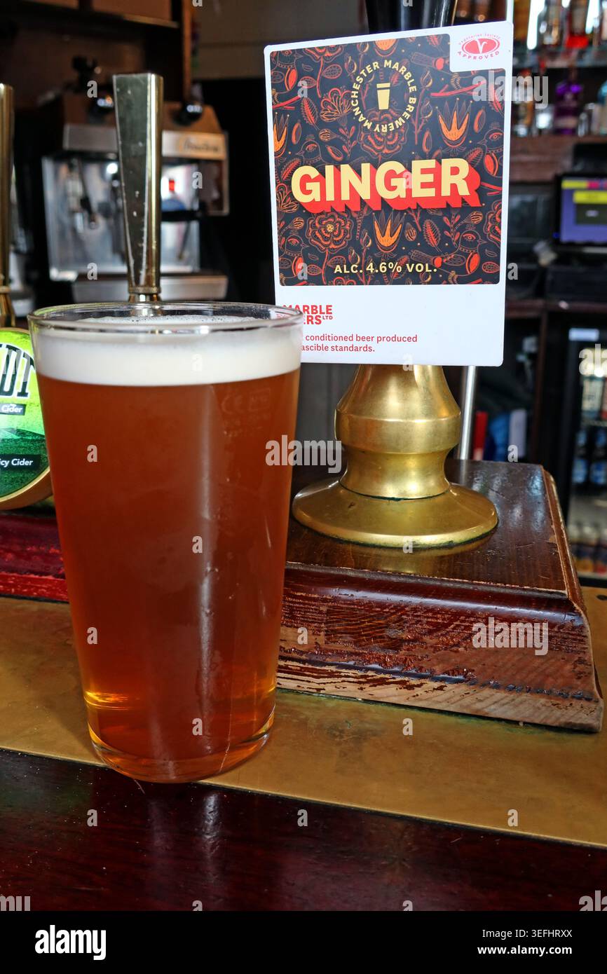 Marble Brewery Ginger beer on a pub bar in Manchester, Greater Manchester, England, UK. Stock Photo