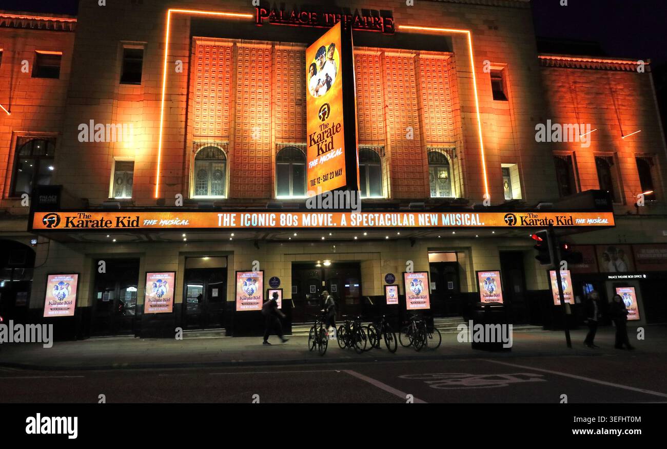 Evening view of Manchester Palace Theatre advertising The Karate Kid musical on Oxford Street M1 6FT Stock Photo