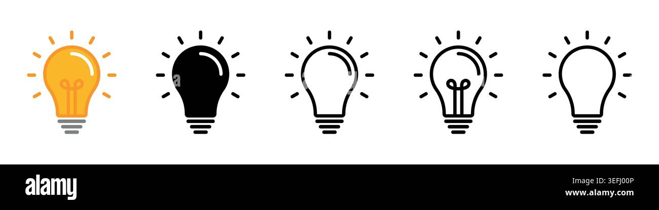 Light Bulb Idea Icon Set in Outline Solid and Color Styles symbolizing Creativity, idea, inspiration, Innovation and Inspiration Vector Illustration Stock Vector