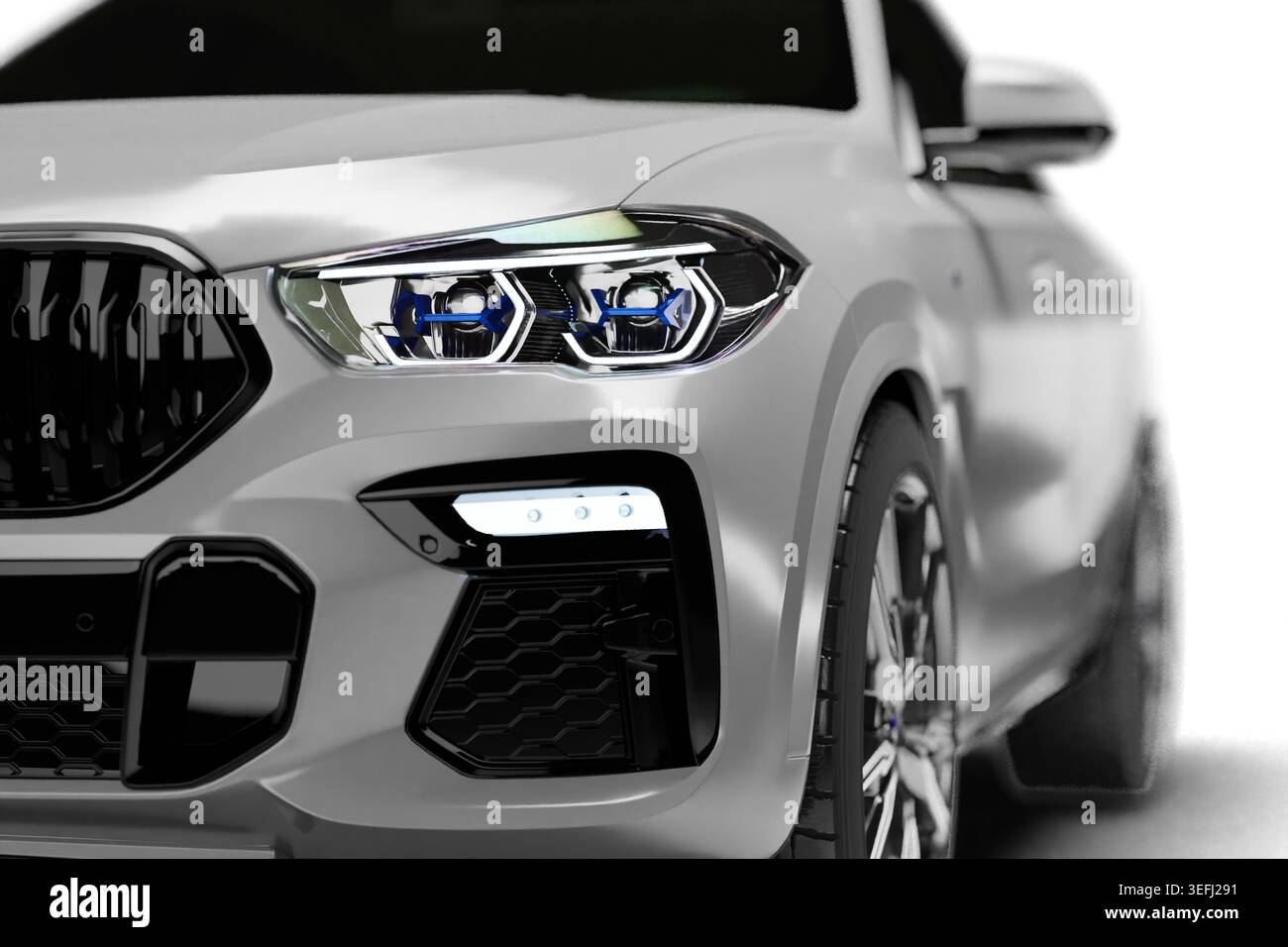 Izmir, Turkey - May 12 2026: Close up 3D render of front headlight on ...