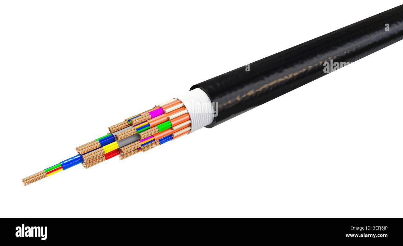 Fiber optic cable exposing colorful core wires isolated 3d Stock Photo