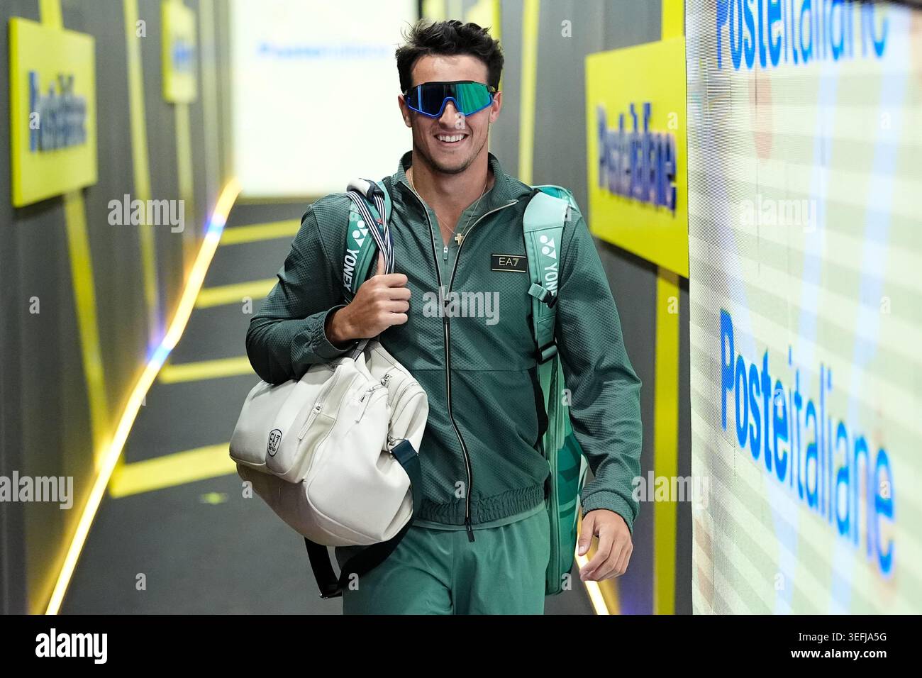 Rome, Italy. 15th May, 2026. Luciano Darderi of Italy prepares for his match against Casper Ruud of Norway at the Internazionali BNL d'Italia 2026 tennis tournament at Foro Italico in Rome (Italy) on May, 15, 2026. Credit: Insidefoto/Alamy Live News Stock Photo