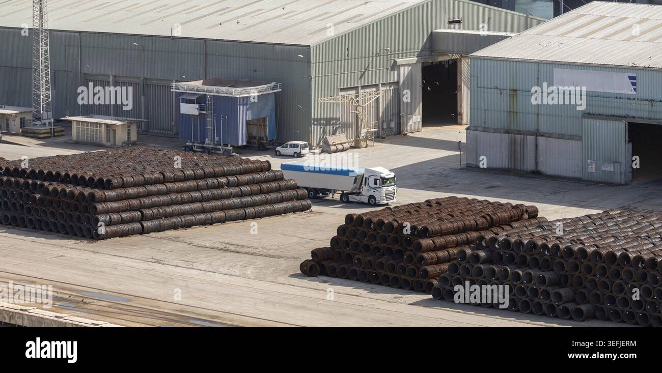 Port Yard Machine Industrial Port Yard With Stacked Rusted Steel Coils and Delivery Truck ...