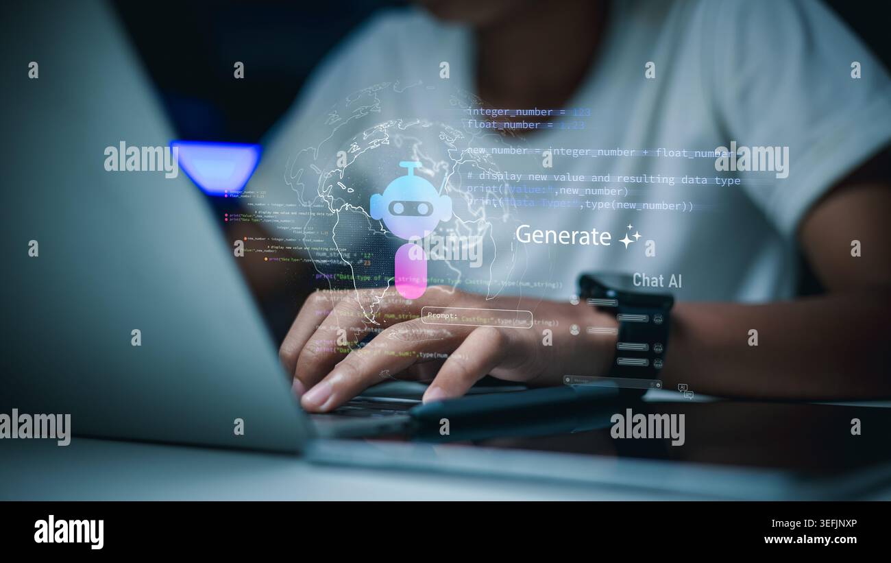 Programmer hands typing on laptop with AI chatbot and coding data. Concept of artificial intelligence, machine learning, and digital transformation in Stock Photo